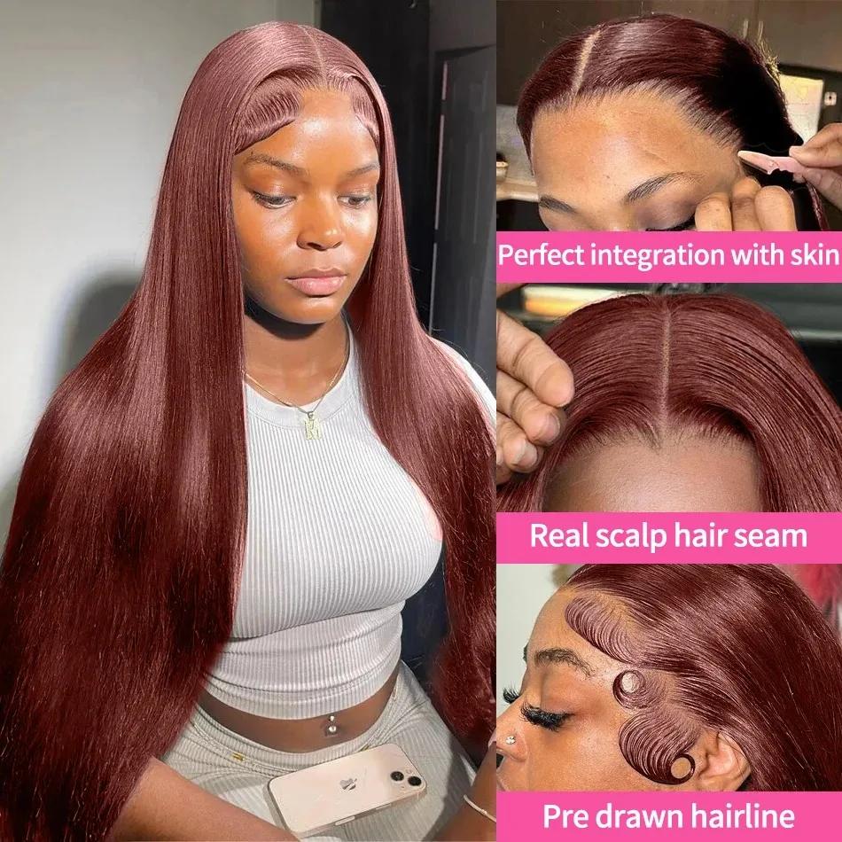 Perruque Lace Front Wig Brésilienne Naturelle Cheveux Lisses, Brun Rousse, Auburn, Cuivre, 13x6, Den