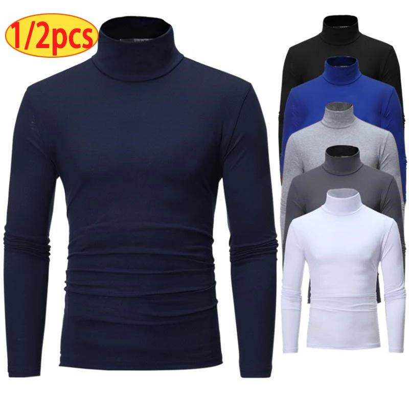 1/2 pièces automne hiver hommes col haut T-shirt coupe ajustée mode haute élastique à manches longue