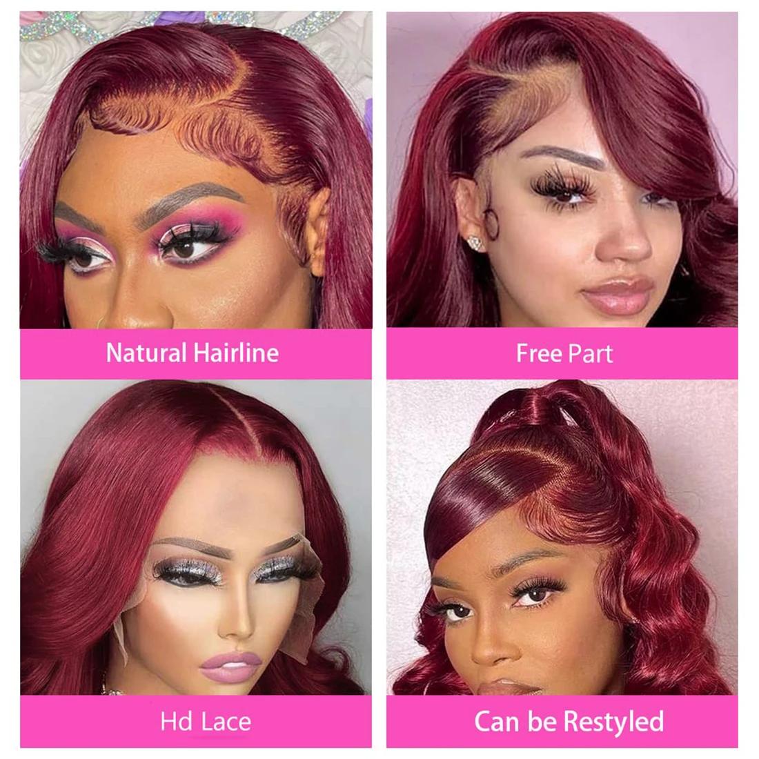 Perruque Lace Front Wig sans colle naturelle, cheveux lisses, rouge bordeaux 99J, 13x6, 13x4 HD, 30 