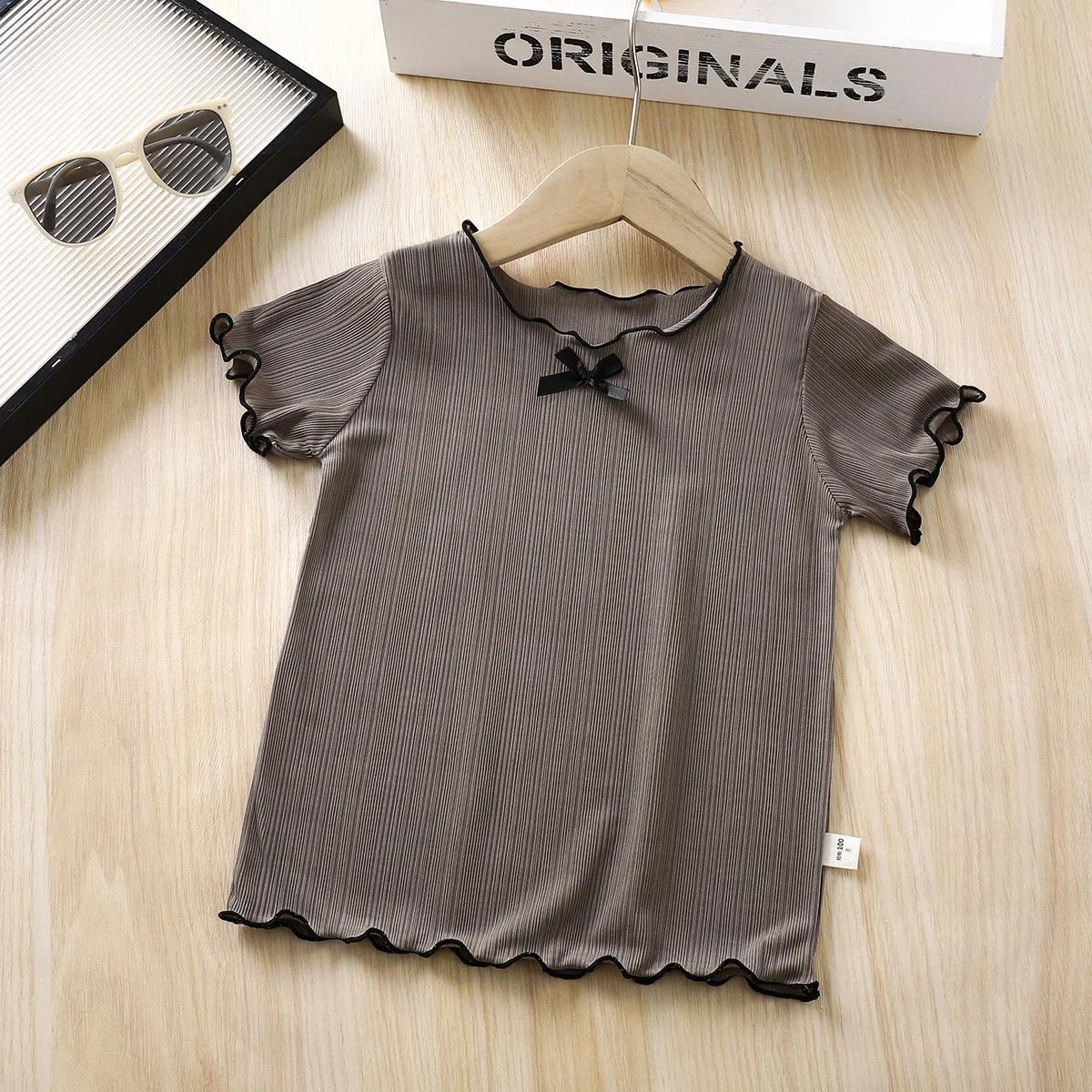 T-shirts d'été à manches courtes en tricot fin avec volants et dentelle pour bébés filles, nouveaux 