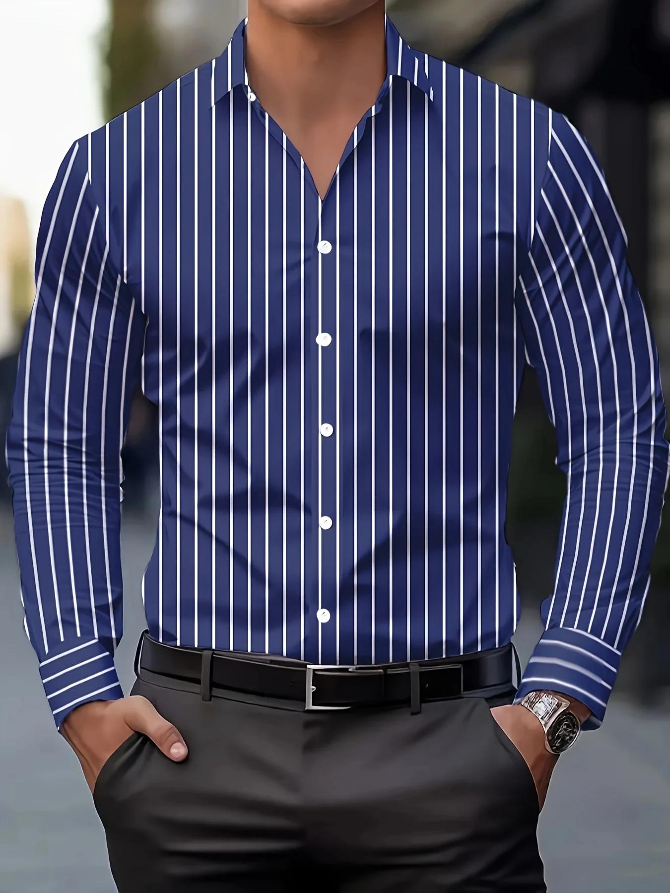 Chemises imprimées rayées à la mode pour hommes, chemise décontractée respirante à manches longues a