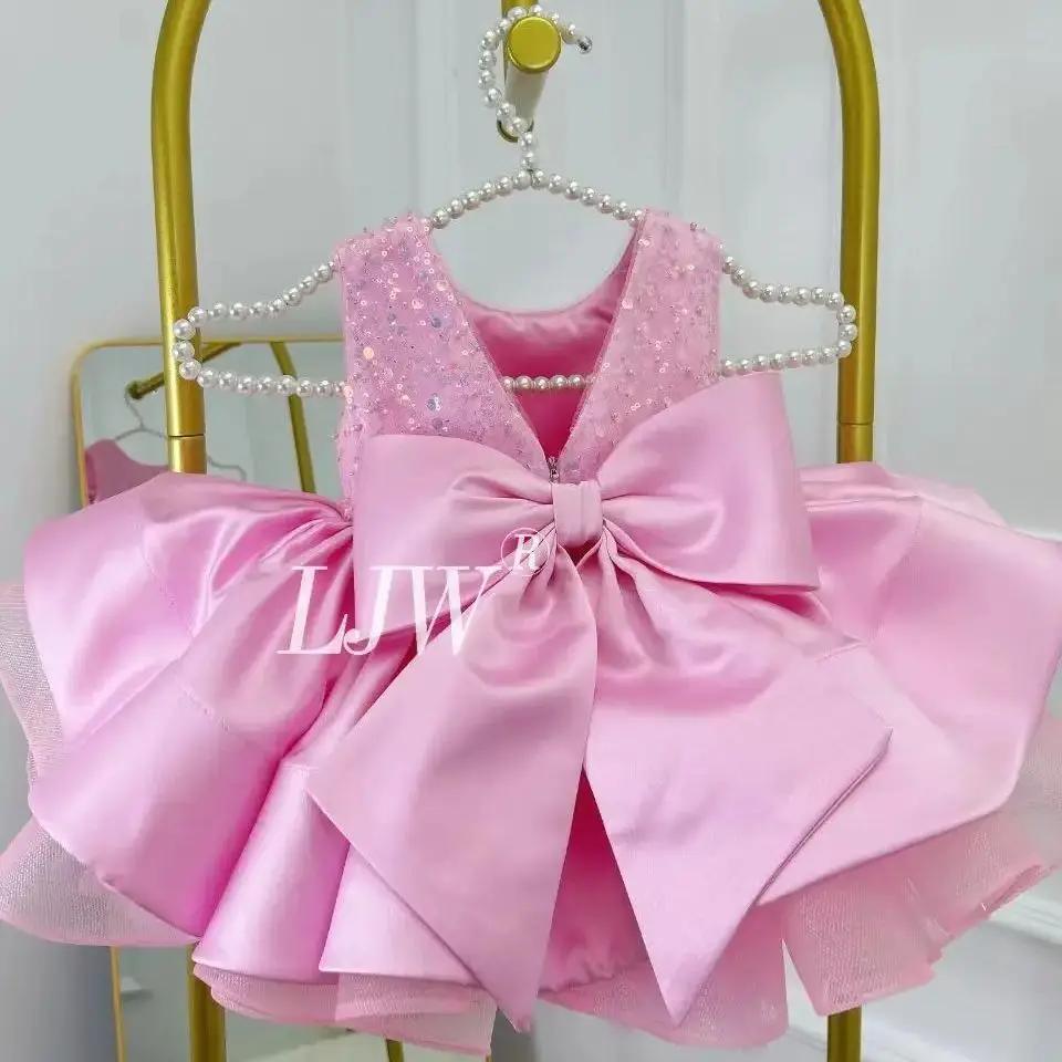 Col en v rose paillettes fleur fille robe de mariée bébé premier robe de noël élégant fête d'anniver