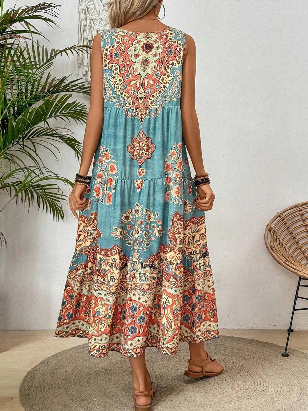 Robe d'été sans manches à col rond imprimée pour femmes, adaptée aux vêtements décontractés ou de pl