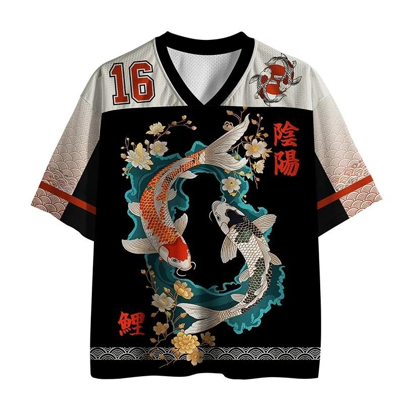 T-shirt d'été 2026 à col en V, motif carpes japonaises porte-bonheur, impression 3D, séchage rapide,
