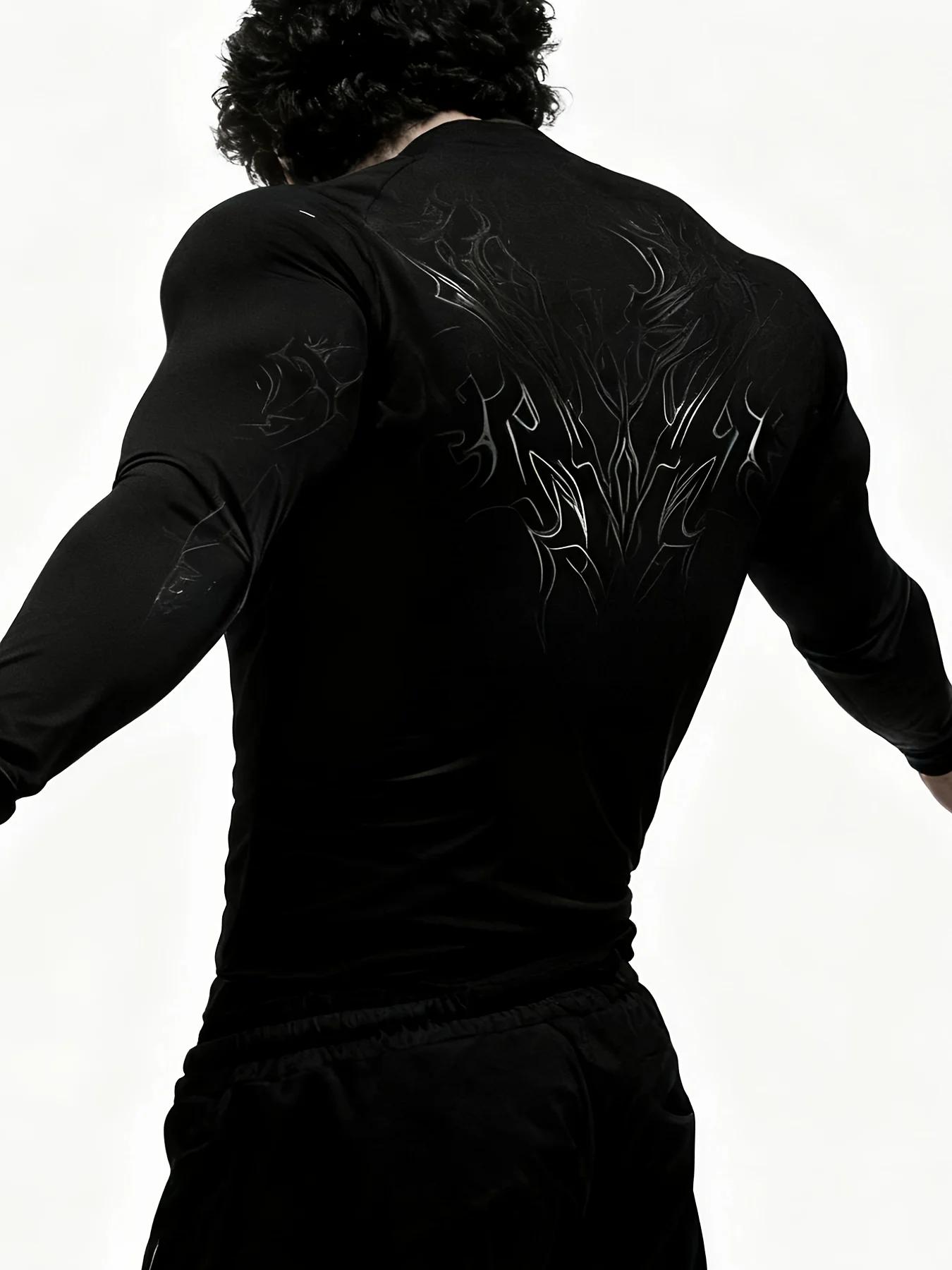 T-shirt de fitness à manches longues pour homme, coupe ajustée, imprimé géométrique, col montant, id