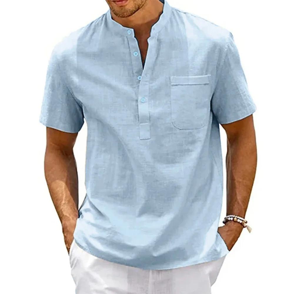 Chemise en coton et lin pour hommes, col Henley, poche, décontractée, plage, manches courtes, couleu