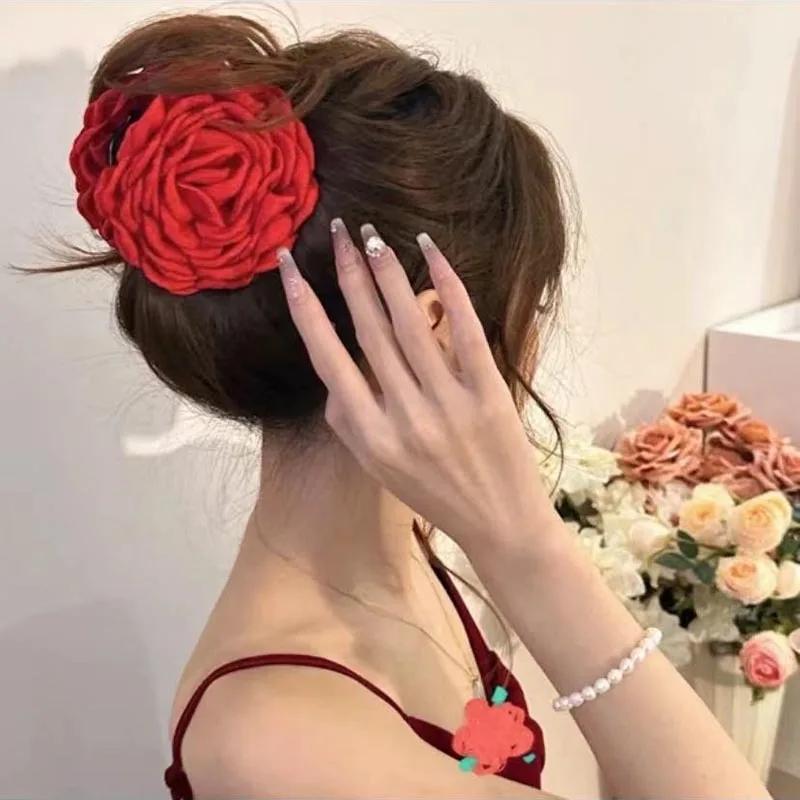 Pince à cheveux française romantique en forme de fleur de Rose pour femmes, grande pince à requin él