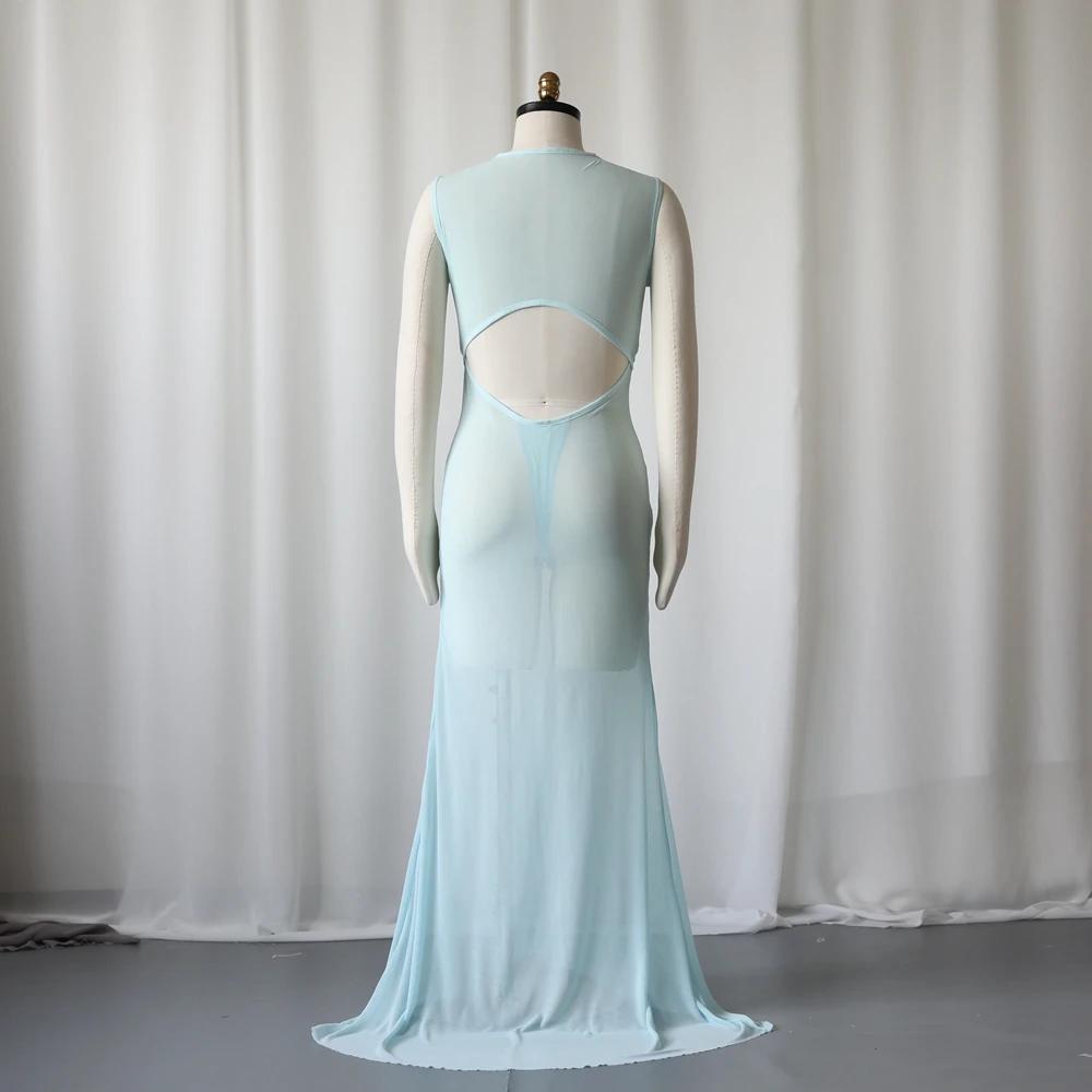 Robes de maternité Photoshoot bleu ciel maman sexe révéler robe Sexy pure maille extensible ouverte 