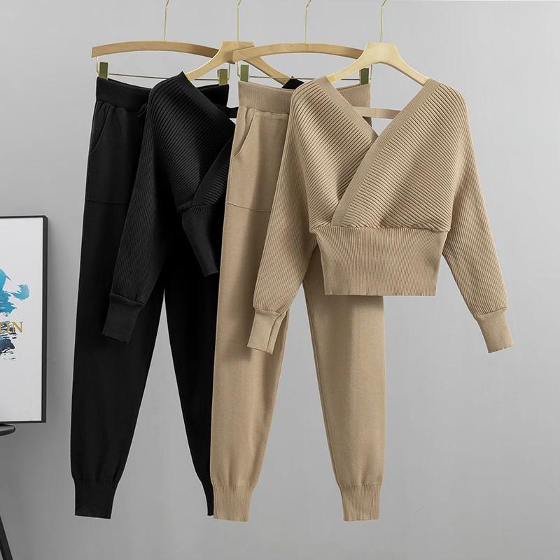 Ensemble deux pièces pour femme, survêtement élégant, Sexy, Style coréen, tricoté, côtelé, dos nu, L