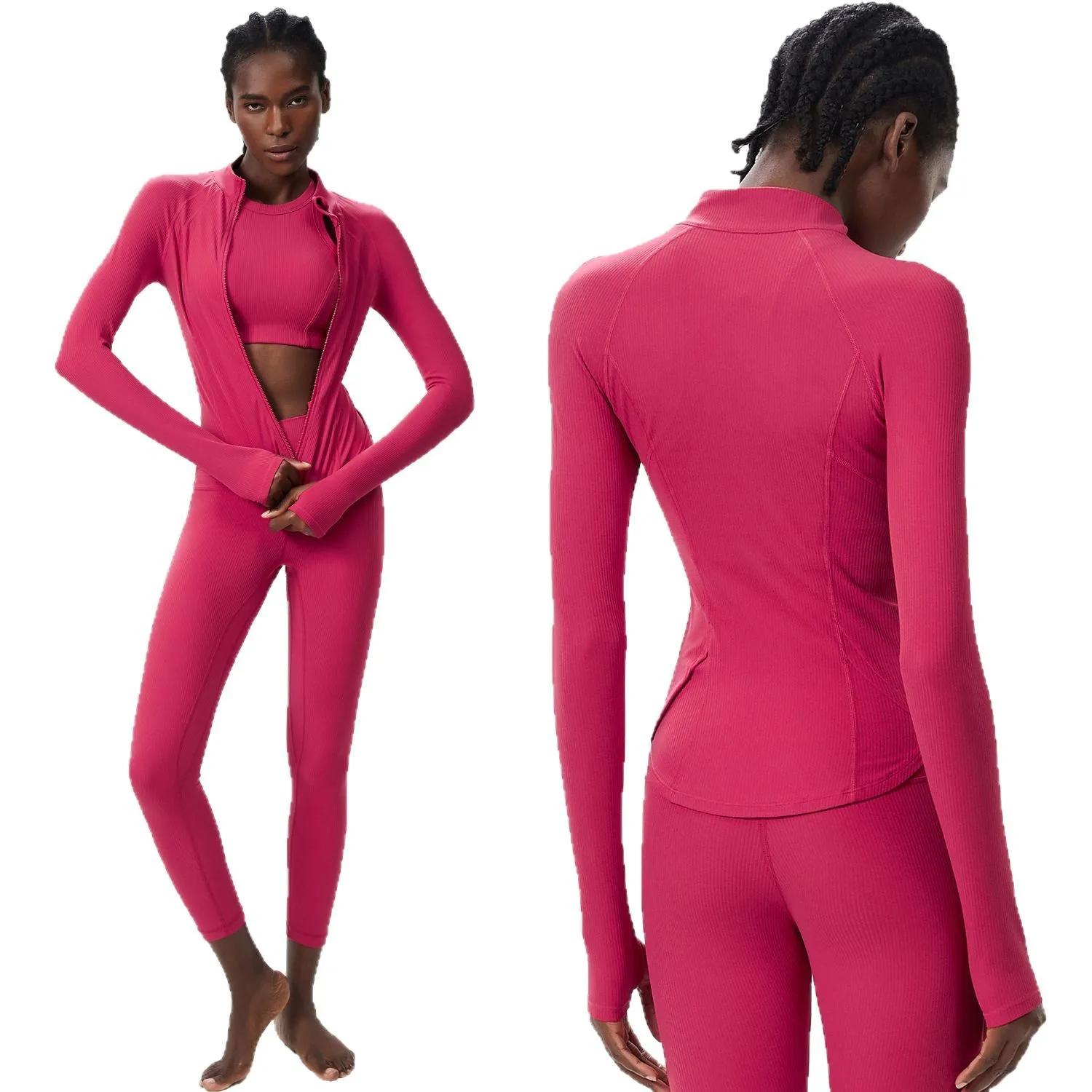 Ensemble de Yoga 3 pièces pour femmes, couleur unie, côtelé, combinaison de gymnastique, manches lon