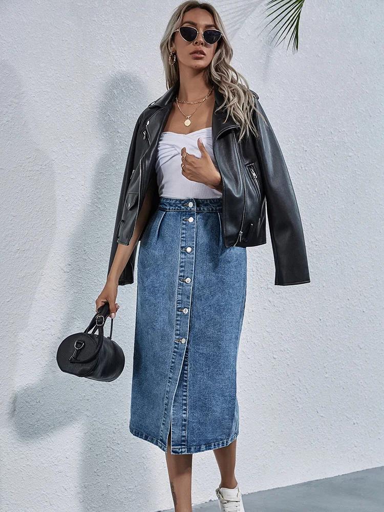 Benuynffy-Jupe en jean droite à boutonnage simple pour femme, longueur au genou, streetwear décontra