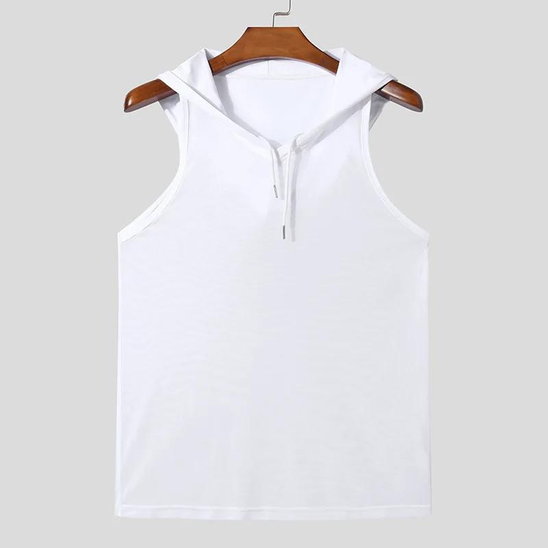 Nouveau Chic hommes à capuche sport débardeurs Sexy couleur unie Transparent sans manches T-shirt ét