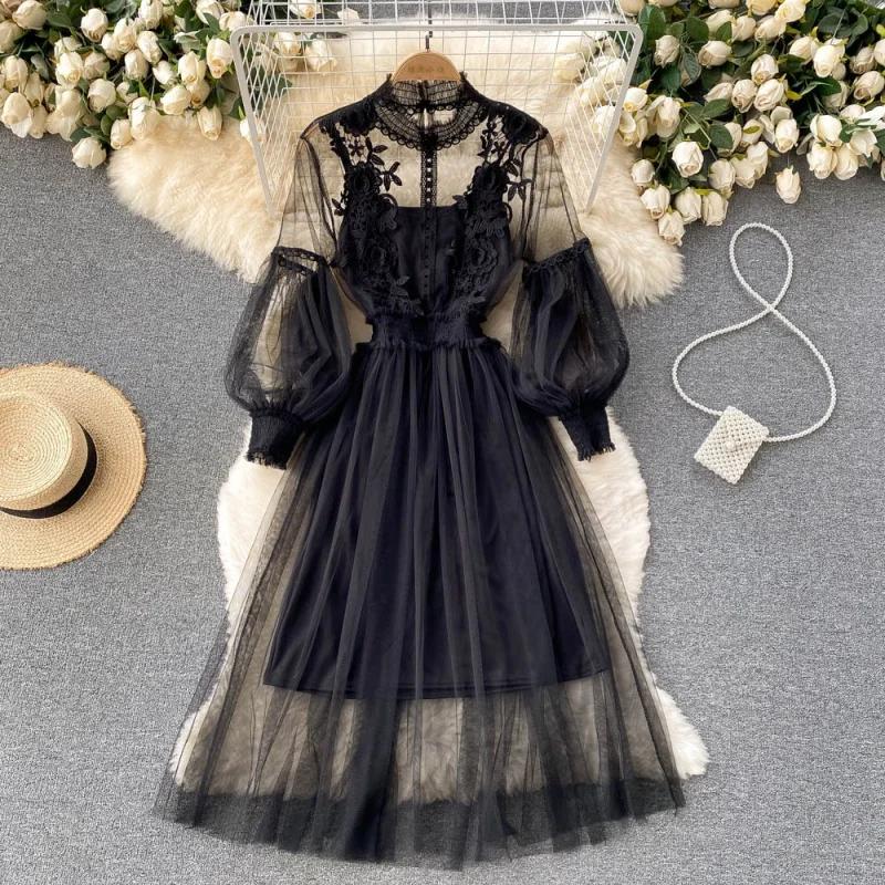 Robe longue en dentelle à fleurs et maille, manches lanternes, blanche, pour femmes, tenue de soirée