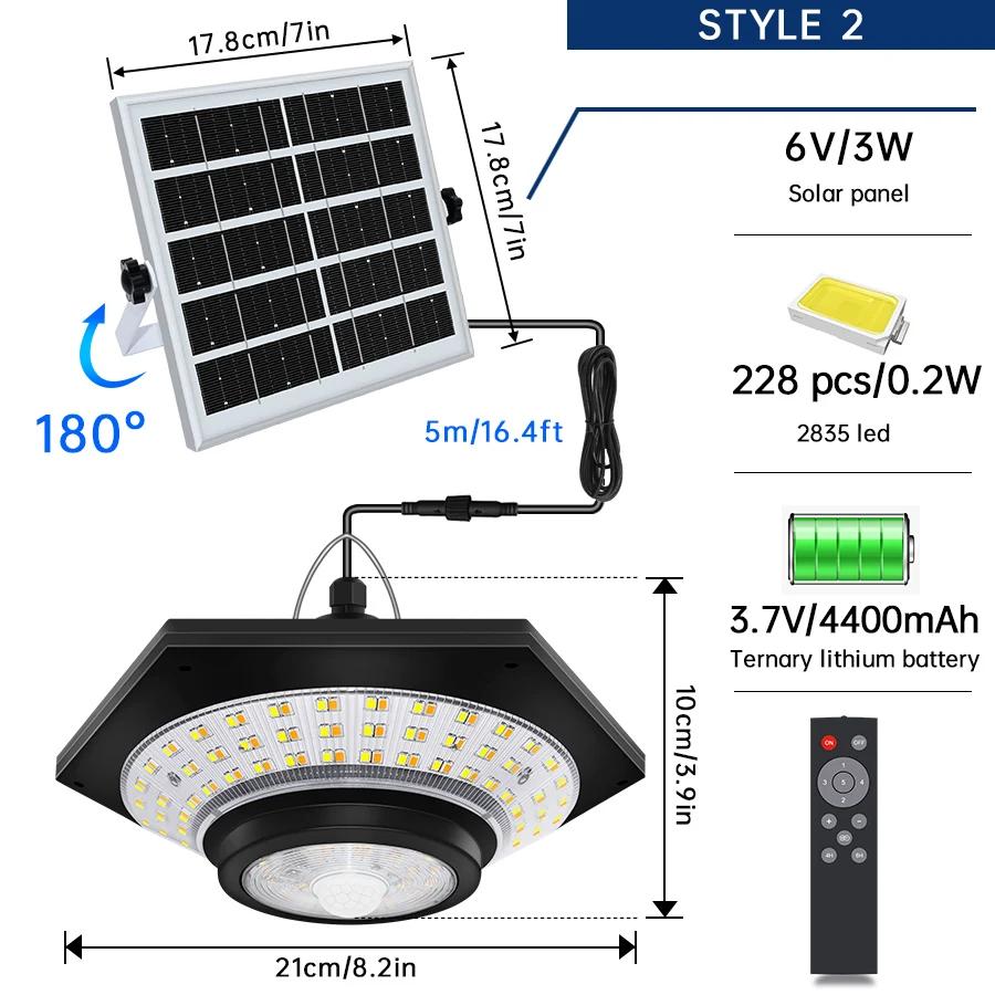 Lampe solaire suspendue pour hangar, intérieur et extérieur, 228/180 LED, 1000lm, 5 Modes, avec télé