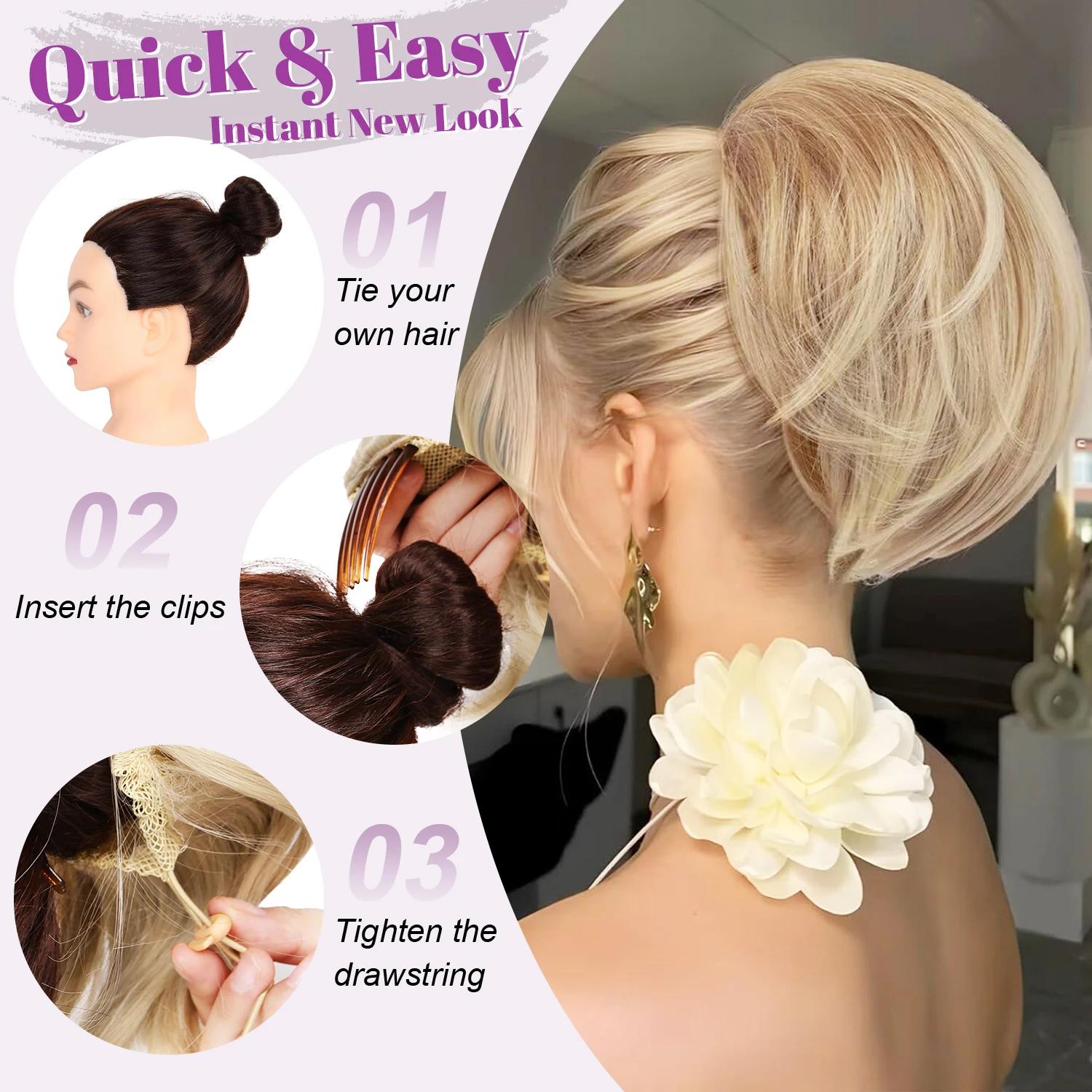 Chignon synthétique postiche entièrement court queue de cheval Chignon brun mélange blond Chignon av