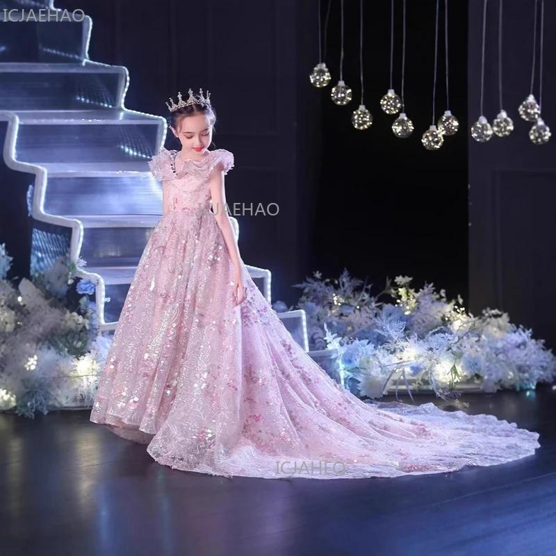 Robe de soirée élégante rose pour filles, style princesse avec traîne, pour petite fille, idéale pou
