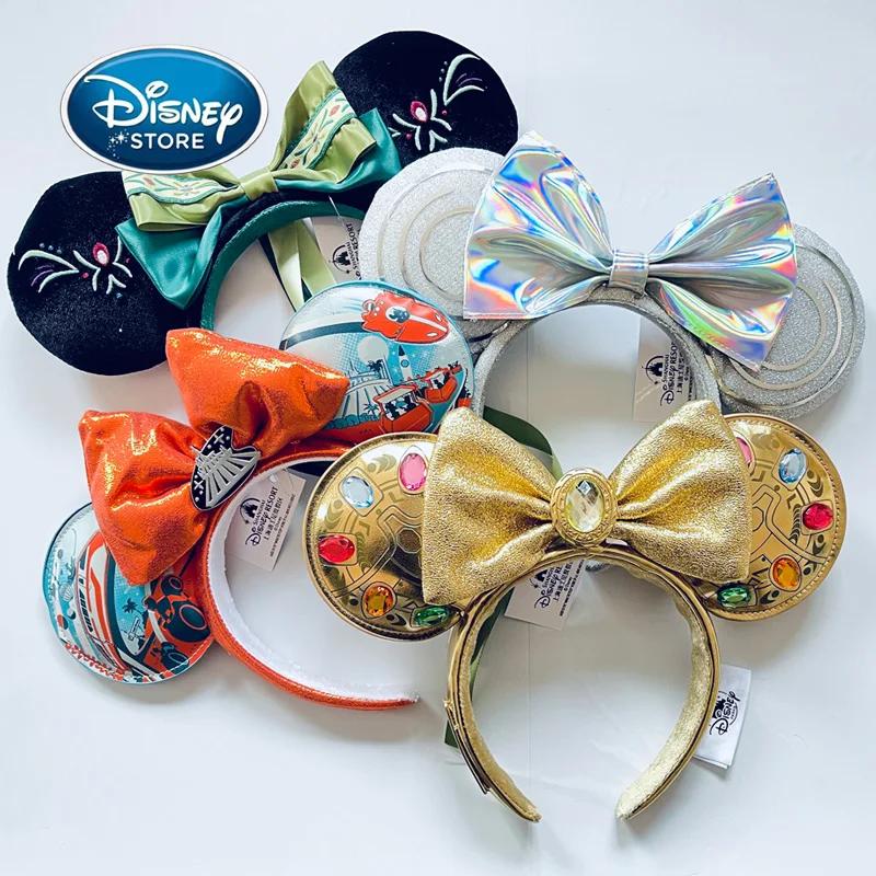 Bandeau oreilles de Mickey Disney Original, Shanghai Disneyland Minnie, bandeau en cuir, nœud à pail