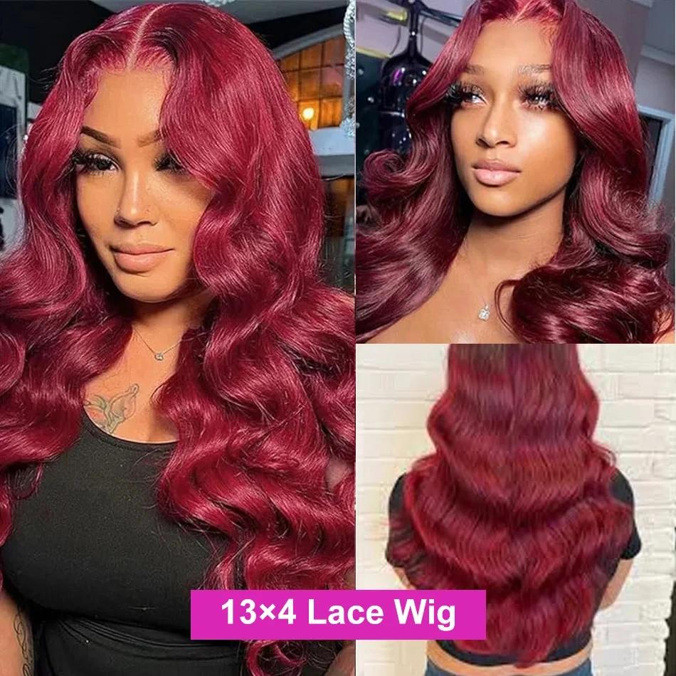 Perruque Lace Front Wig Body Wave Brésilienne Naturelle, Cheveux Humains, Rouge Bordeaux 99J, 13x4, 