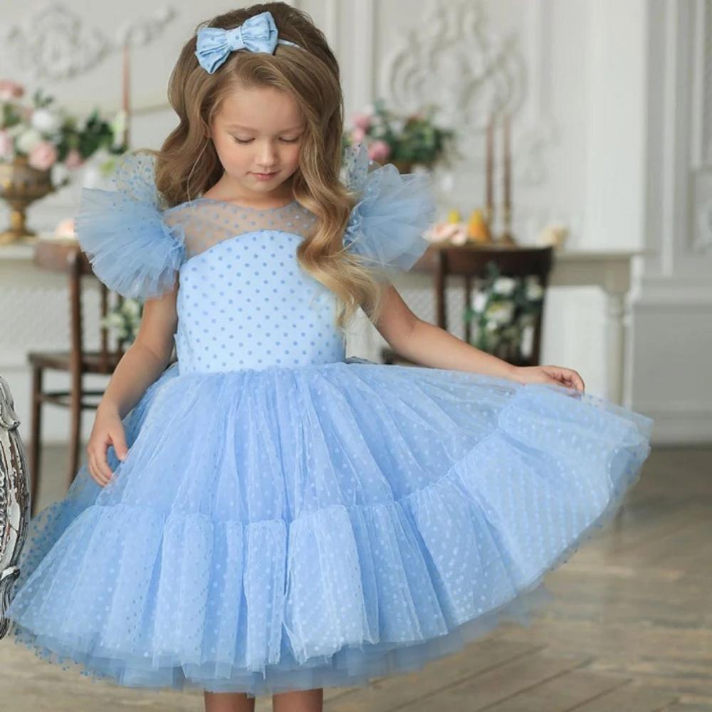 Robes de mariée à fleurs pour filles, bleu ciel, élégantes, col rond, sans manches, à pois, en dente