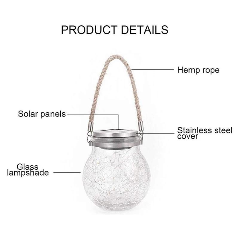 Lampe solaire en pot de verre fissuré, étanche IP65, 30led, blanc chaud et coloré, guirlande lumineu