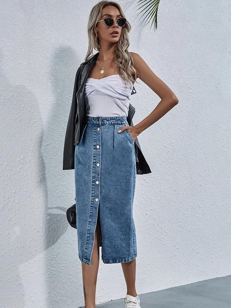 Benuynffy-Jupe en jean droite à boutonnage simple pour femme, longueur au genou, streetwear décontra