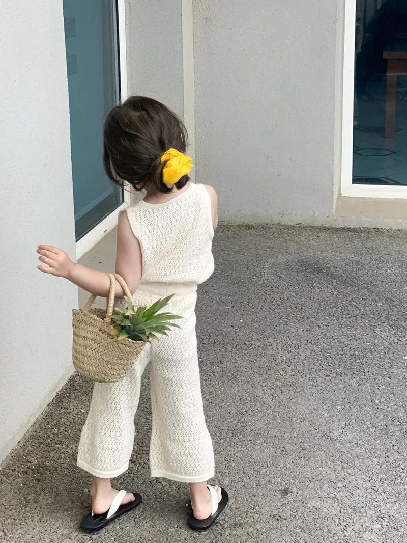 Ensemble été fille 2024 en tricot coréen fin - Gilet ajouré respirant et pantalon large élégant