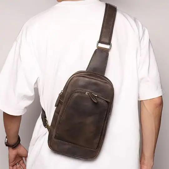 Sac à bandoulière en cuir véritable pour hommes, sac de poitrine vintage, sac de jour à bandoulière,