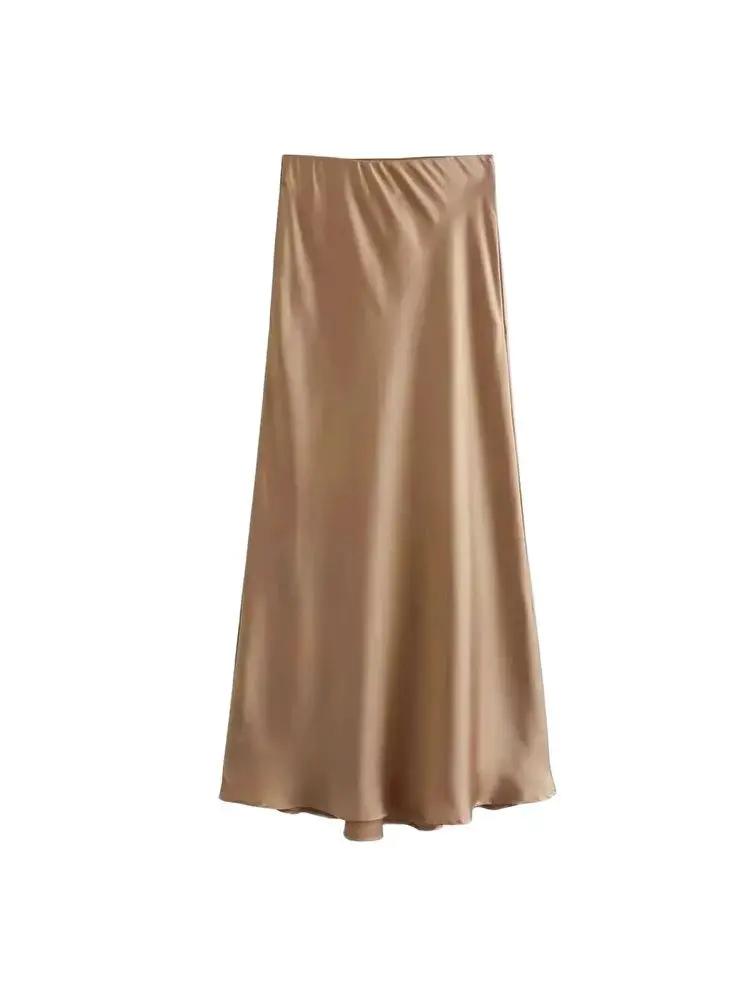 Jupe mi-longue semblable à de soie pour femmes, doux au toucher, taille haute, ceinture élastique, C
