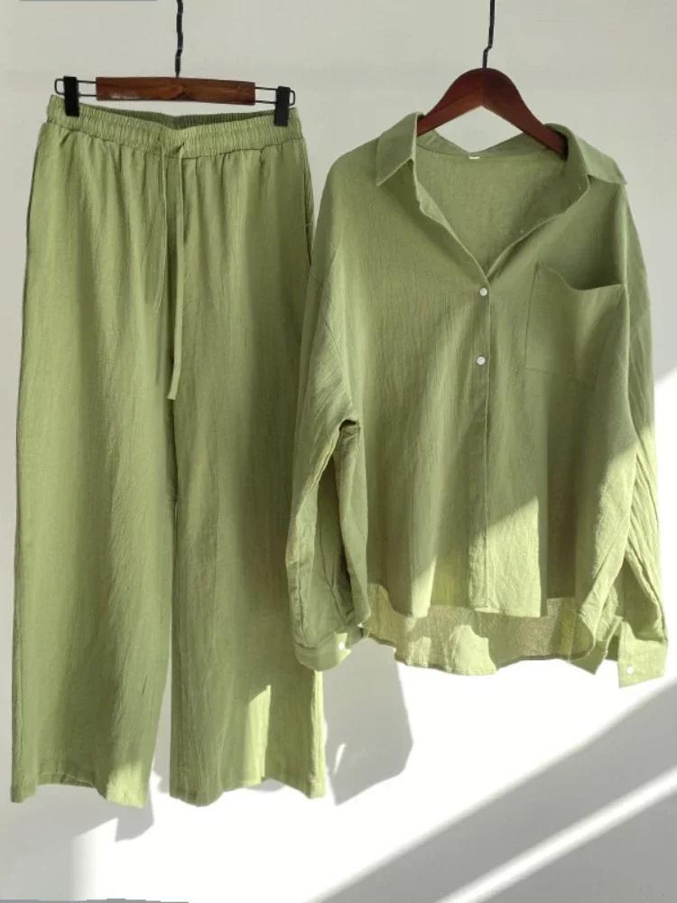 Costume chemise en coton et lin pour femmes, nouvelle tendance, taille haute, pantalon ample, ensemb