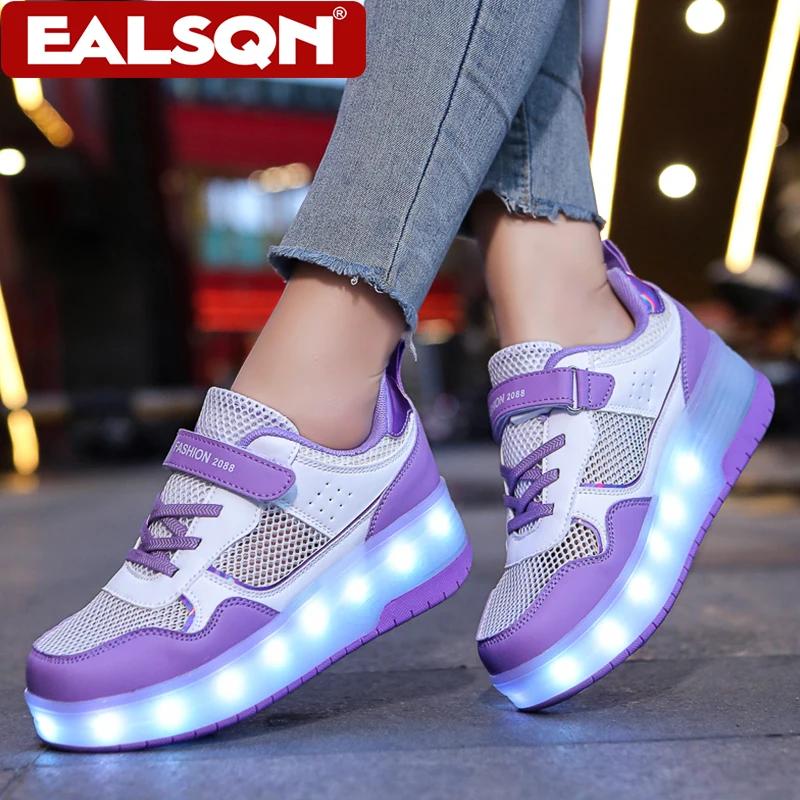 Baskets lumineuses d'été respirantes pour enfants, chaussures à roulettes à deux roues pour filles, 