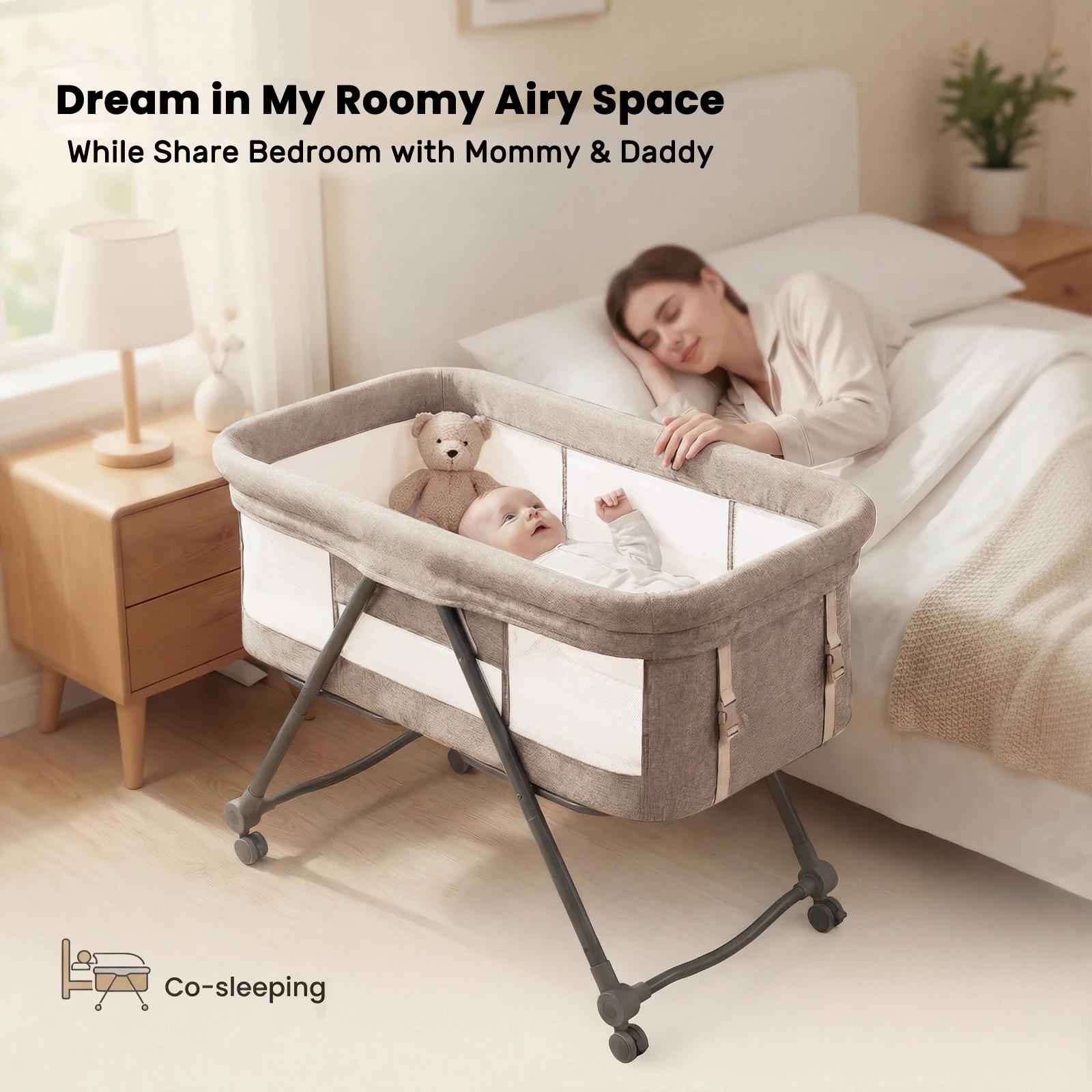 Lit de voyage convertible 4-en-1 pour bébé – Berceau à bascule avec roues silencieuses, design pliab