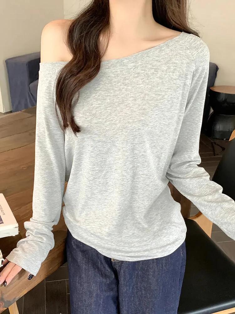 Surdimensionné épaules dénudées à manches longues t-shirt femmes couleur unie décontracté hauts dame