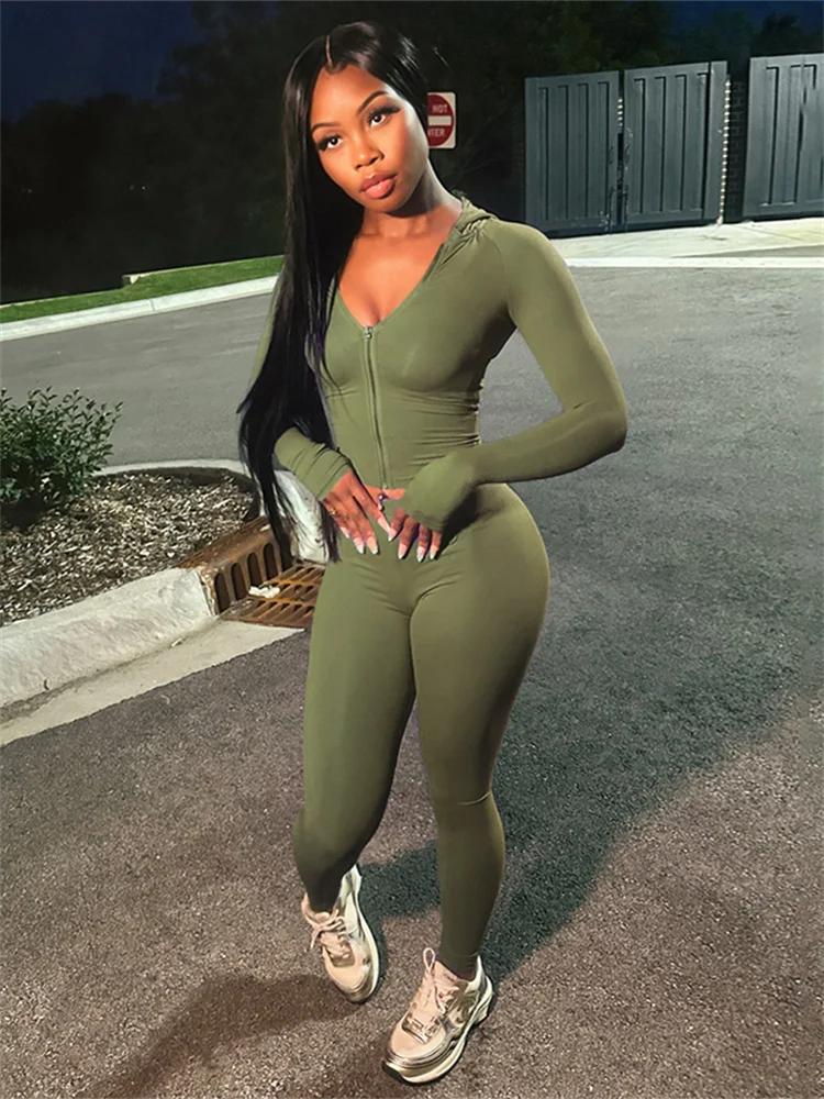 Nibber Sportif Casual 2 Pièce Ensemble Femmes Survêtement À Capuchon Zip Crop Tops + Leggings Fitnes
