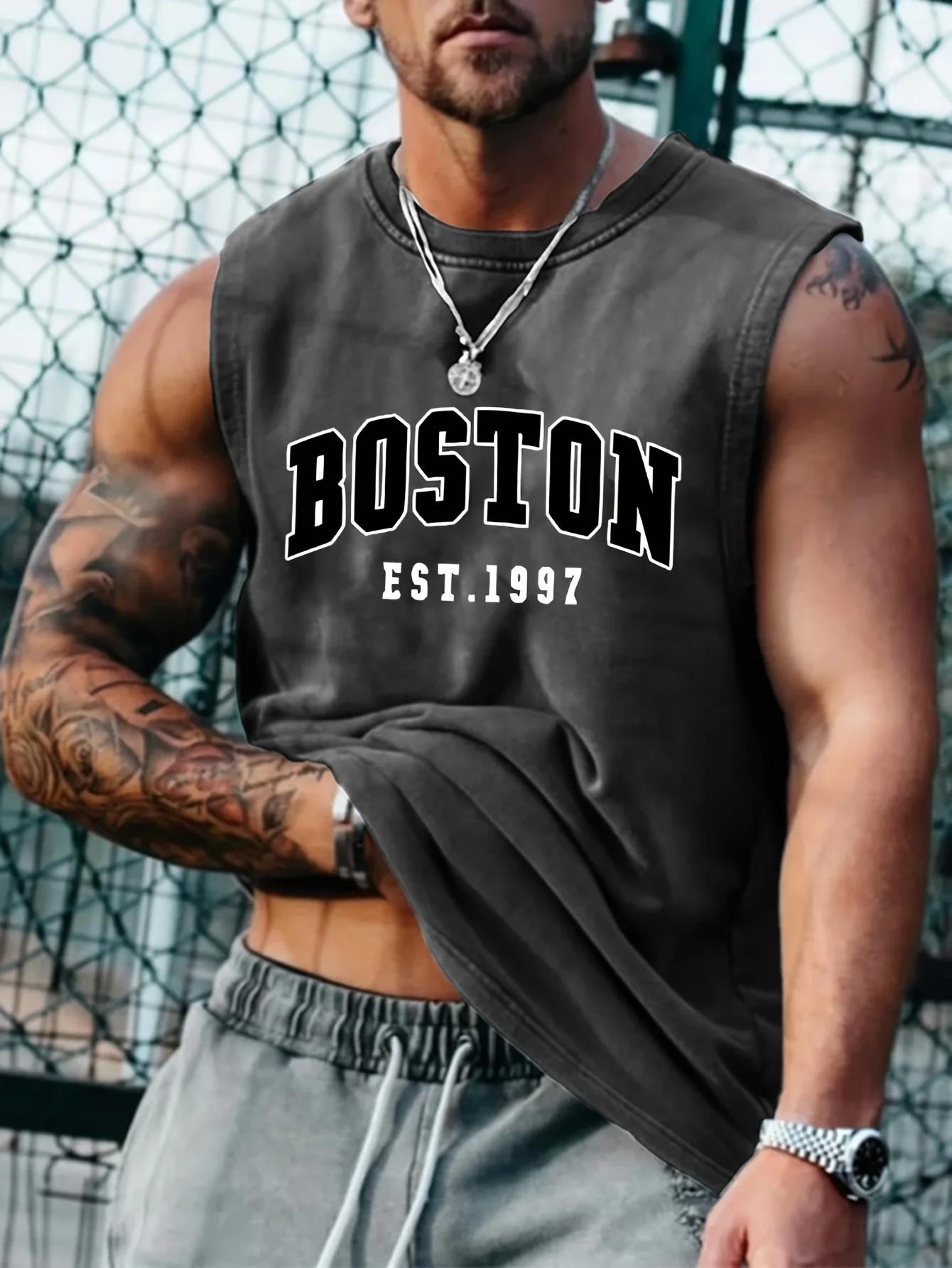 Gilet sans manches à col rond pour hommes, mode d'été, sport décontracté, ample, imprimé Boston est 