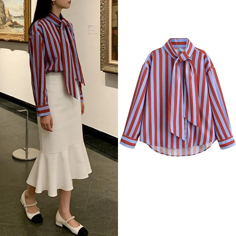 Chemise à rayures verticales rouges et bleues pour femmes, avec col noué, manches longues, ourlet in