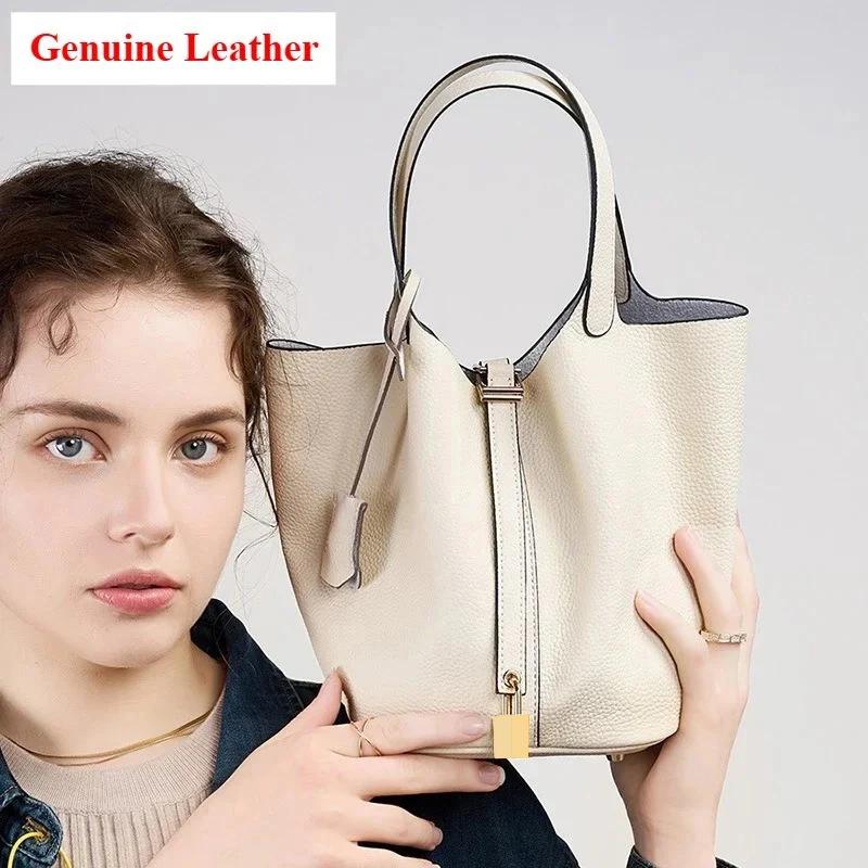 Sacs à main en cuir véritable pour femmes, petit panier seau, sacs à bandoulière de styliste, fourre