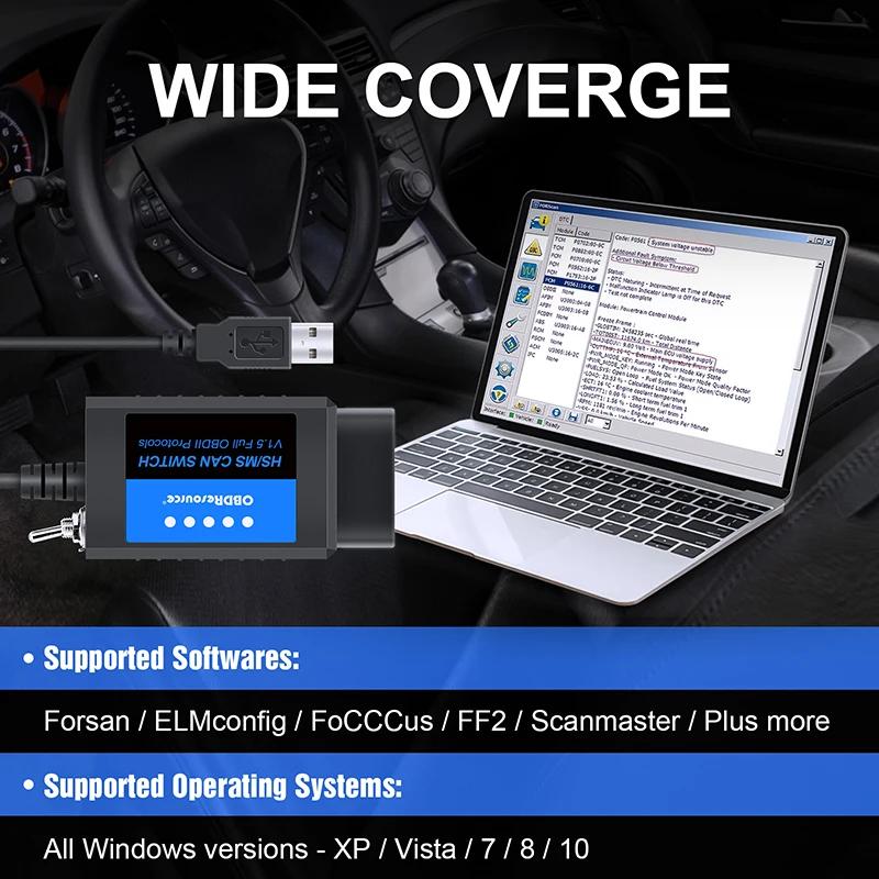 OBDResource FORSCan ELM327 adaptateur USB Scanner OBD2 lecteur de Code programmation avec HS/MS pour