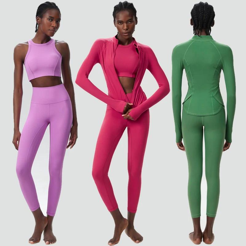 Ensemble de Yoga 3 pièces pour femmes, couleur unie, côtelé, combinaison de gymnastique, manches lon