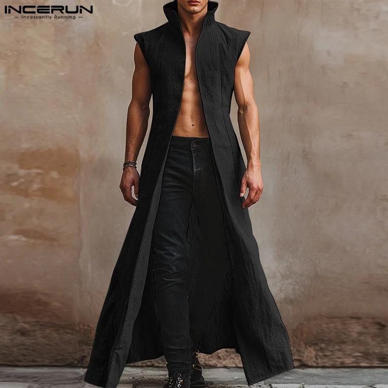 INCERUN hommes chemises de Style Long solide col montant sans manches décontracté mâle Cardigan Stre