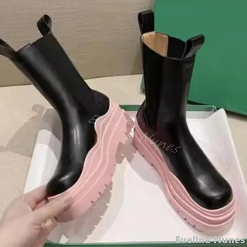 Bottes mi-mollet à semelle optique rose pour femmes, bottes rondes Parker, talon épais, sans lacet, 