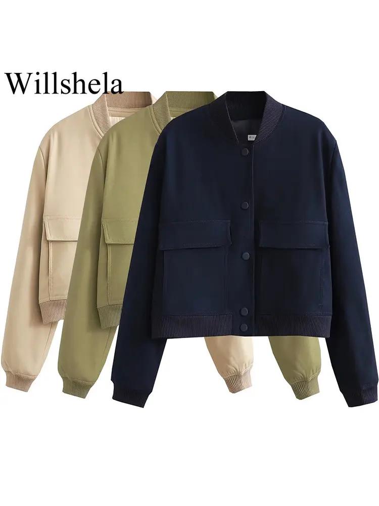 Willshela femmes mode solide Bomber vestes manteau avec poches col en v simple boutonnage manches lo