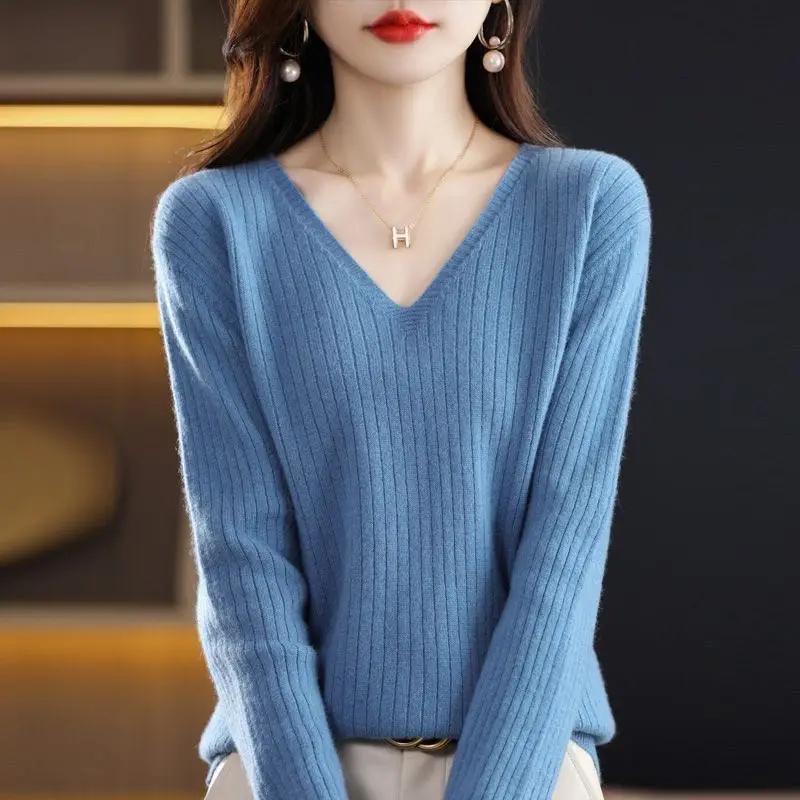 Chic décontracté automne hiver basique pull pulls femmes col en v solide tricot pull ample femme à m
