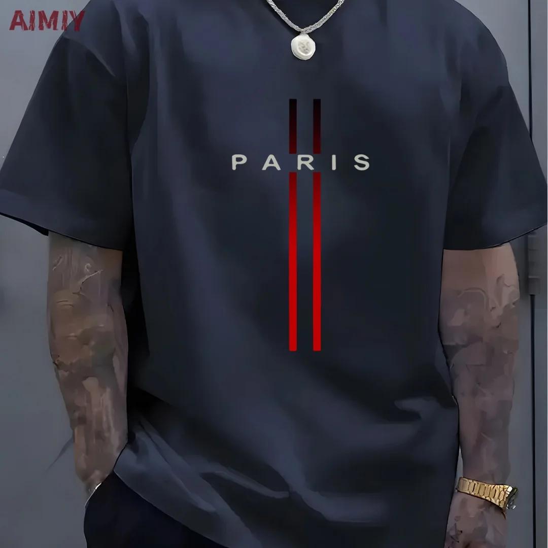 T-shirt à Manches Courtes et Col Rond pour Homme, Haut Décontracté, Imprimé de Lettres PARI, Été