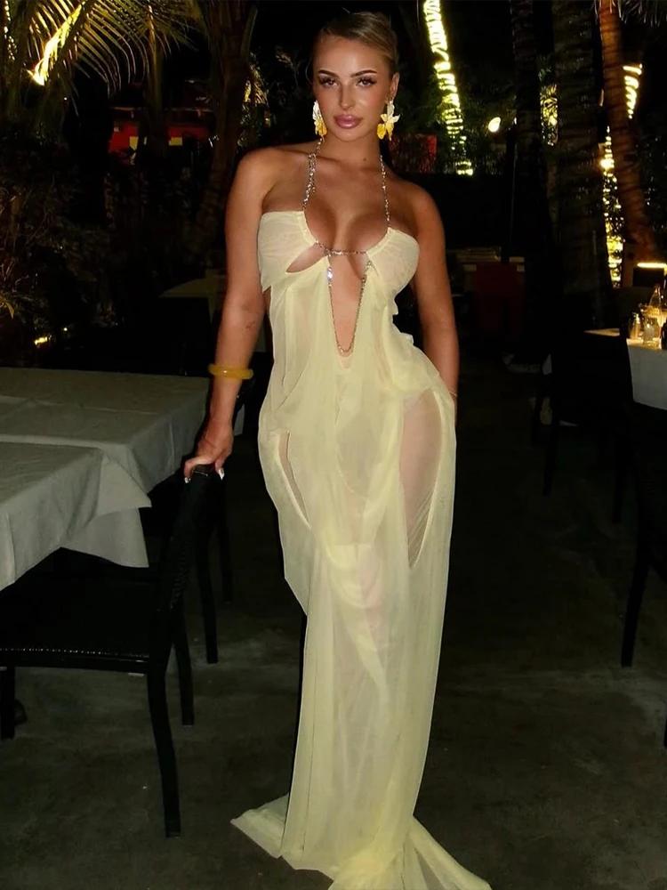 Nibber Bal Robe De Soirée Femme Sexy Voir À Travers De Luxe Chaîne Halter Col Bas Dos Nu Sans Manche