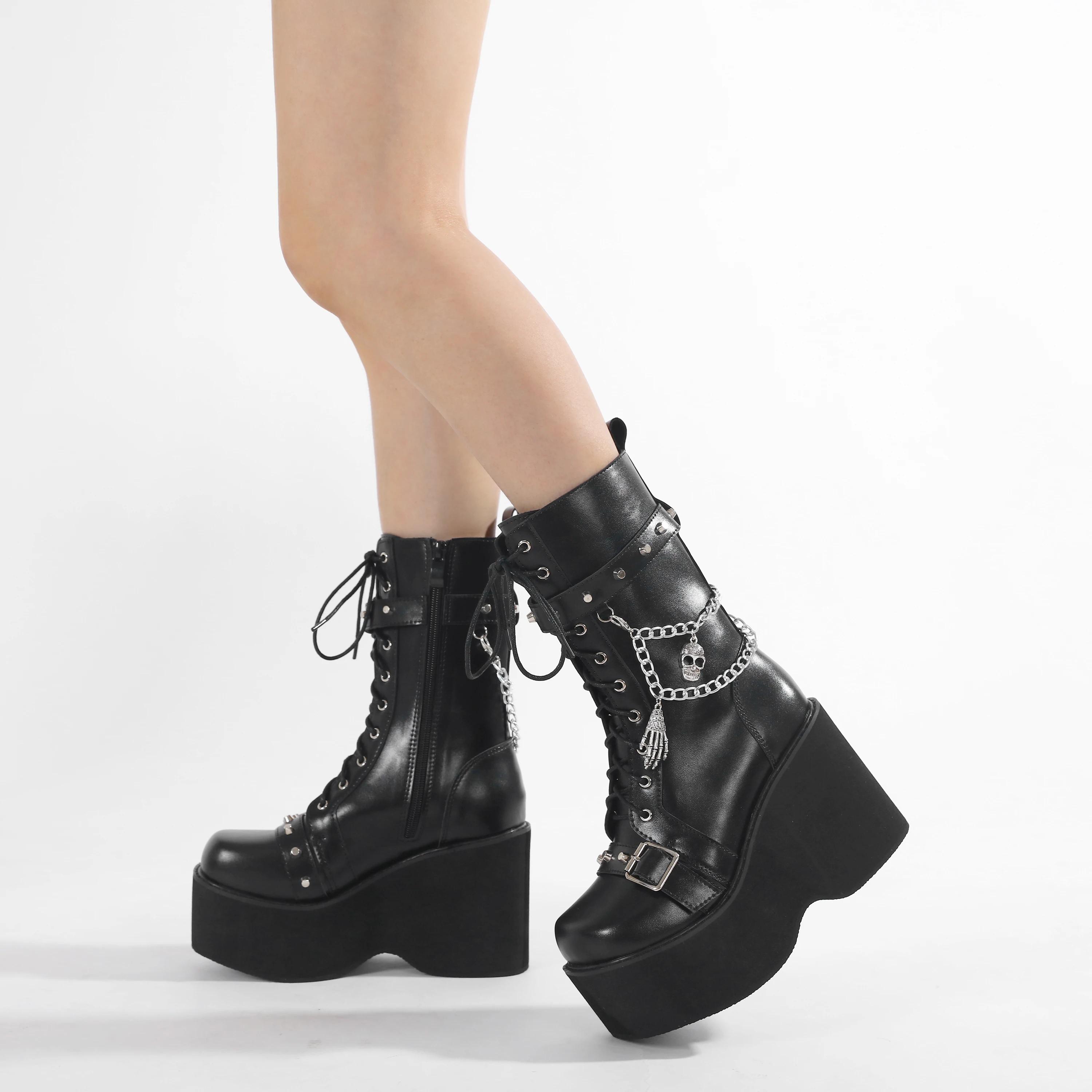 Bottes pour femmes grande taille 43, printemps automne, avec chaîne, plateforme compensée, style pun