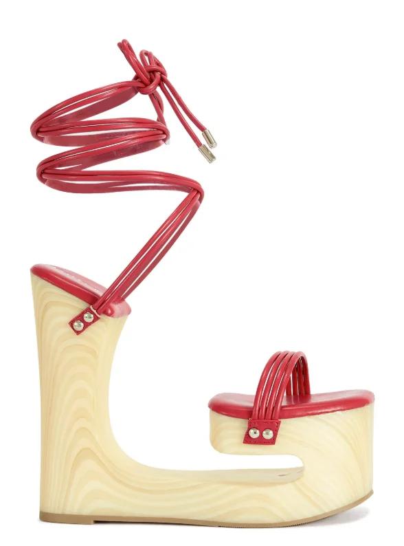 Nouvelle Arrivée Sandales Compensées à Lacets en Bois pour Femme, Rouge Arc-en-ciel, à Brides Croisé