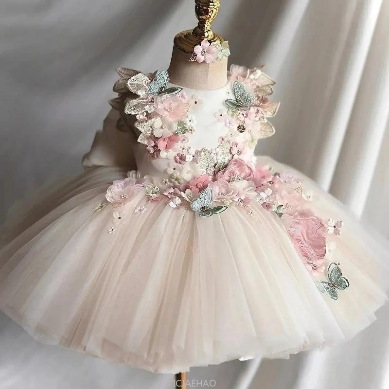 Robe de mariée d'été pour filles, tenue de princesse florale pour premier anniversaire, tenue de con