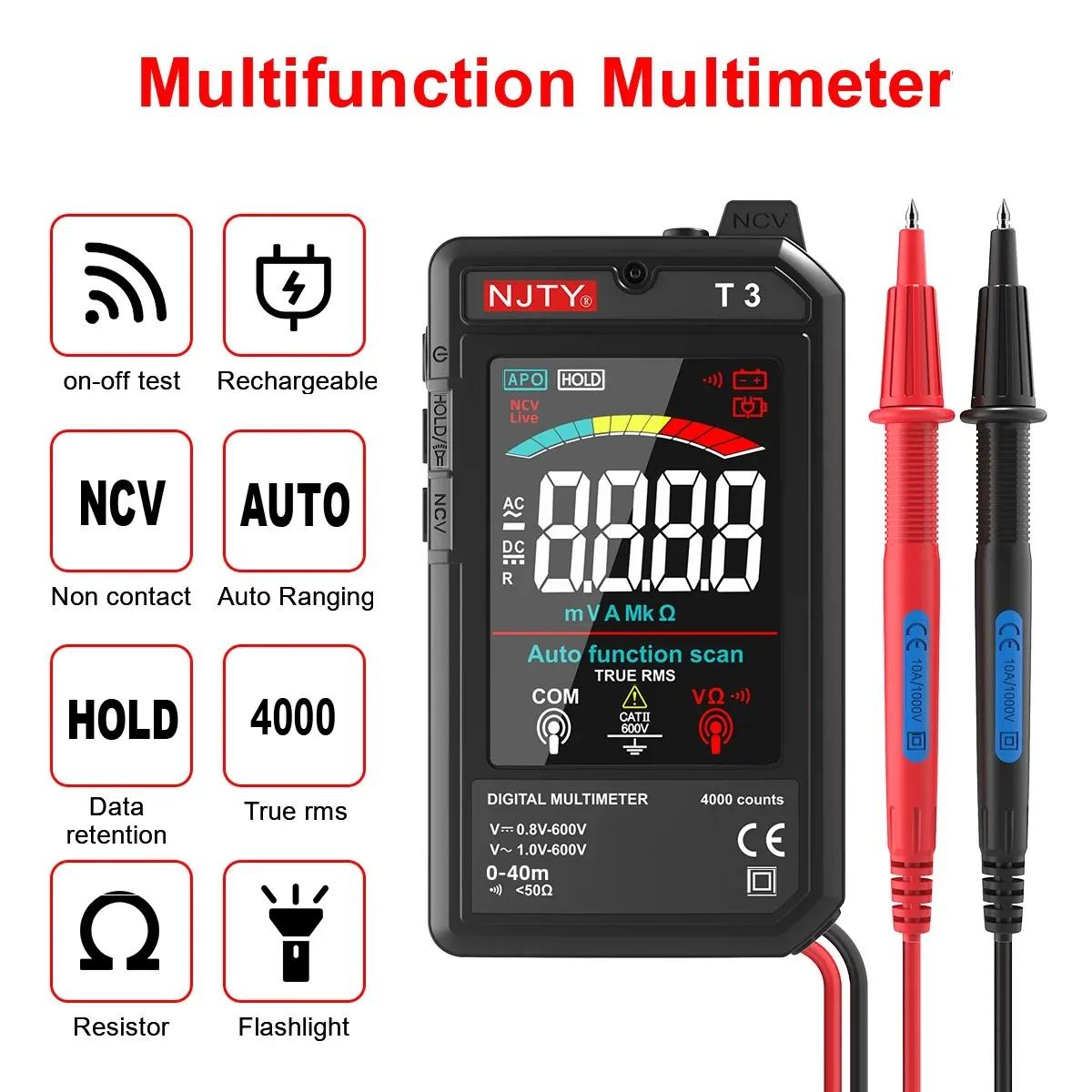 NJTY T3 multimètre numérique intelligent type-c charge automatique 4000 points Ultra-mince NCV fil s