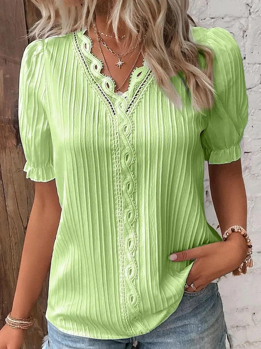 Chemisier élégant à manches courtes pour femme, chemise col en V, patchwork de dentelle, été