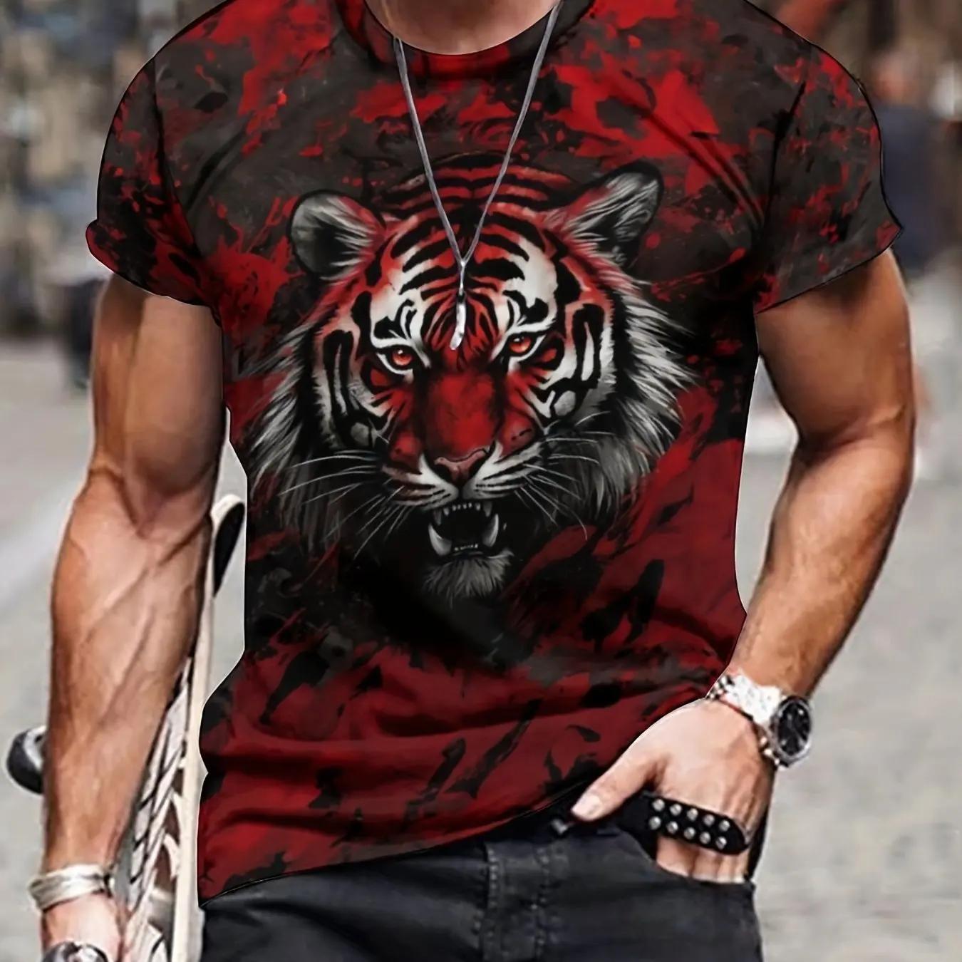 T-shirt d'été à motif lion et tigre 3D pour hommes, T-shirt respirant micro élastique décontracté, a